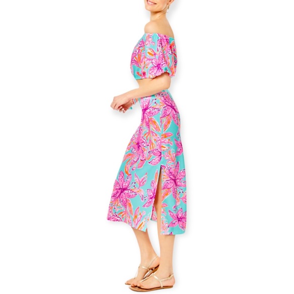 LILLY PULITZER Esmeray Set Surf Blue Bonita Blooms Skirt Puff Sleeve Crop Top - Picture 3 of 13